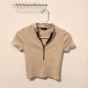 Naked Wardrobe Beige Ribbed Crop Top